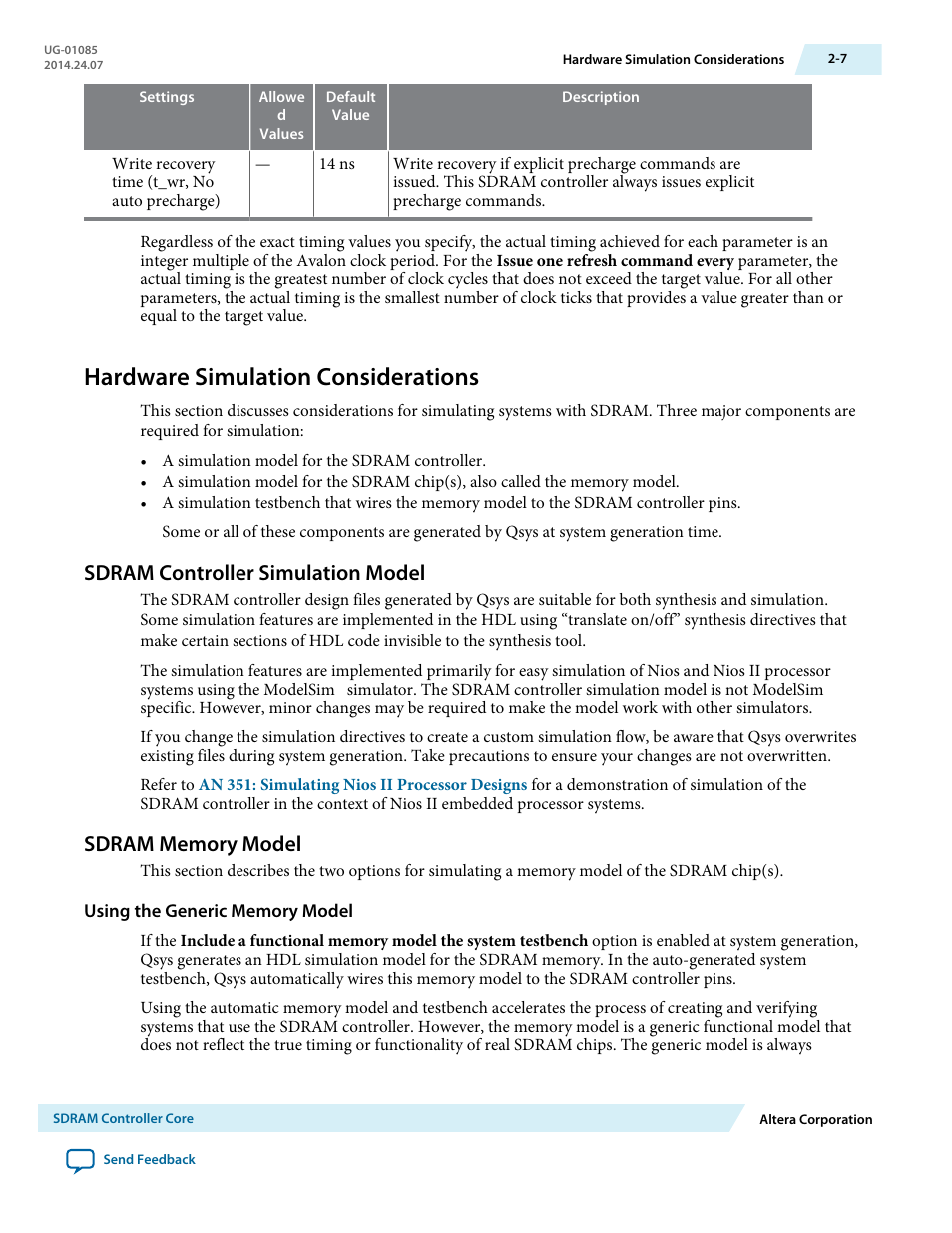 Hardware simulation considerations, Sdram controller simulation model, Sdram memory model | Using the generic memory model, Hardware simulation considerations -7, Sdram controller simulation model -7, Sdram memory model -7 | Altera Embedded Peripherals IP User Manual | Page 23 / 336