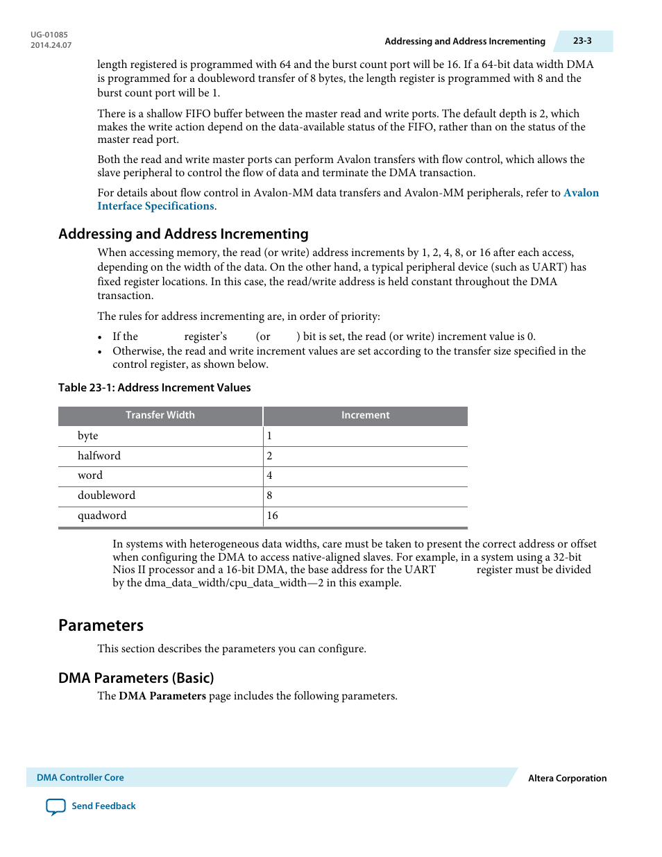 Addressing and address incrementing, Parameters, Dma parameters (basic) | Addressing and address incrementing -3, Parameters -3, Dma parameters (basic) -3 | Altera Embedded Peripherals IP User Manual | Page 234 / 336