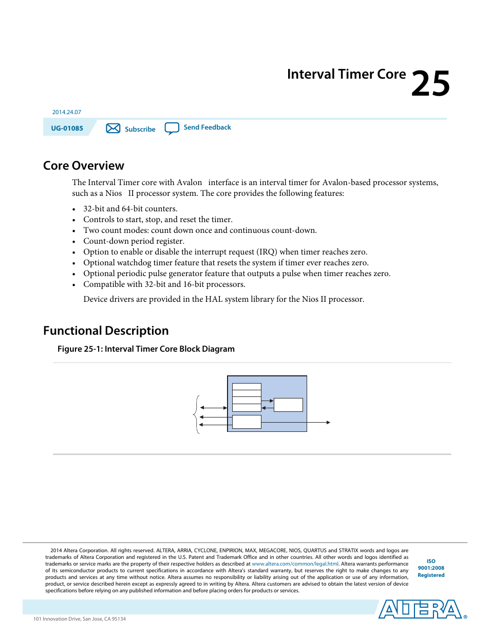 Interval timer core, Core overview, Functional description | Interval timer core -1, Core overview -1, Functional description -1, The interval timer core with avalon, Figure 25-1: interval timer core block diagram | Altera Embedded Peripherals IP User Manual | Page 249 / 336