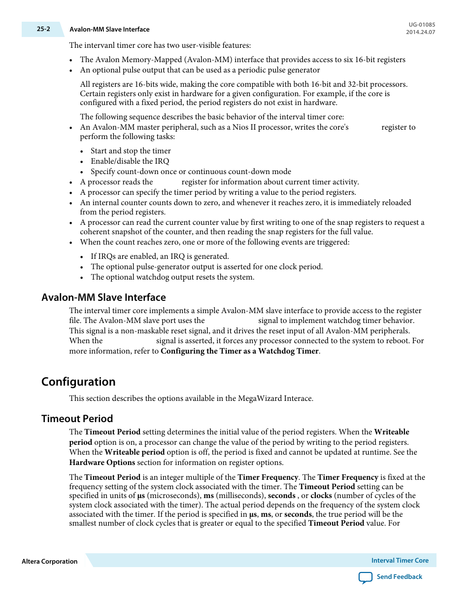 Avalon-mm slave interface, Configuration, Timeout period | Avalon-mm slave interface -2, Configuration -2, Timeout period -2 | Altera Embedded Peripherals IP User Manual | Page 250 / 336
