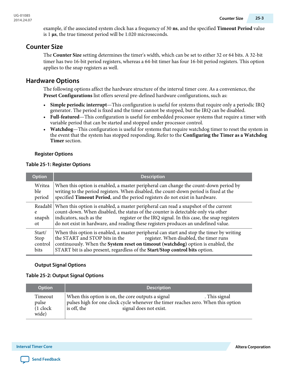 Counter size, Hardware options, Counter size -3 | Hardware options -3 | Altera Embedded Peripherals IP User Manual | Page 251 / 336