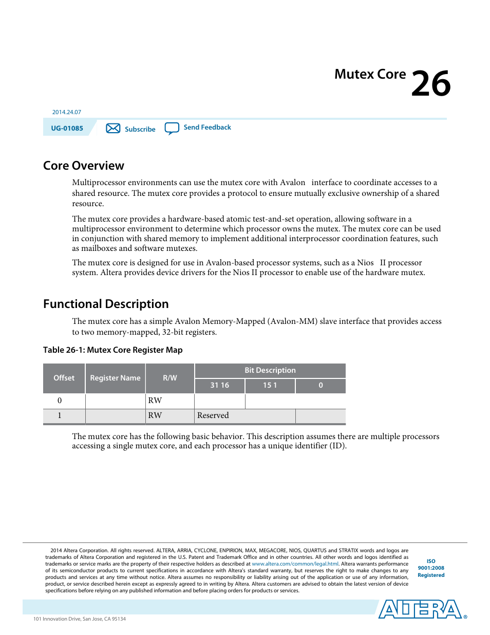 Mutex core, Core overview, Functional description | Mutex core -1, Core overview -1, Functional description -1 | Altera Embedded Peripherals IP User Manual | Page 258 / 336