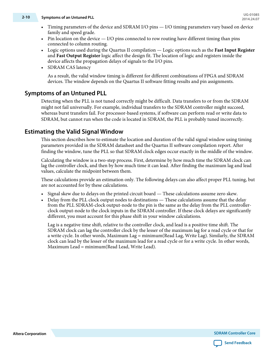 Symptoms of an untuned pll, Estimating the valid signal window, Symptoms of an untuned pll -10 | Estimating the valid signal window -10 | Altera Embedded Peripherals IP User Manual | Page 26 / 336