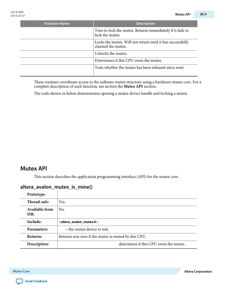 Mutex api, Altera_avalon_mutex_is_mine(), Mutex api -3 | Altera_avalon_mutex_is_mine() -3 | Altera Embedded Peripherals IP User Manual | Page 260 / 336