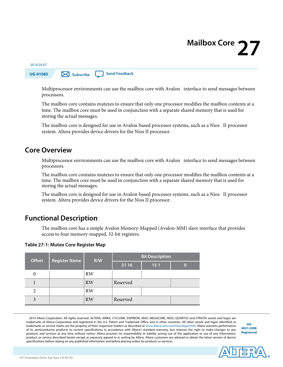 Mailbox core, Core overview, Functional description | Mailbox core -1, Core overview -1, Functional description -1 | Altera Embedded Peripherals IP User Manual | Page 264 / 336