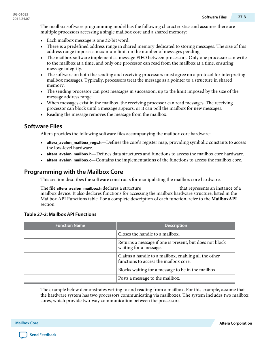 Software files, Programming with the mailbox core, Software files -3 | Programming with the mailbox core -3 | Altera Embedded Peripherals IP User Manual | Page 266 / 336