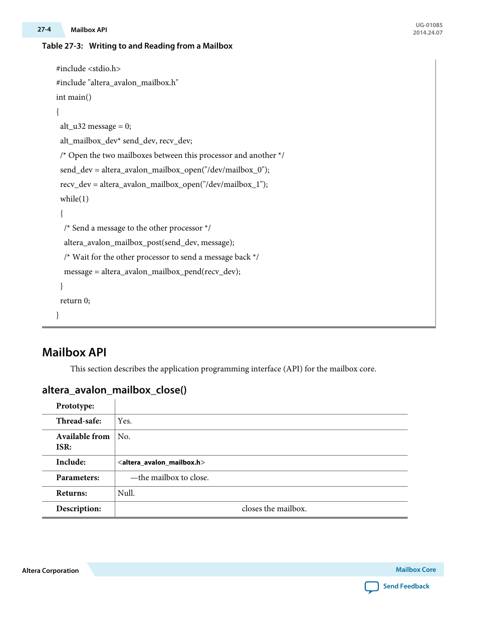 Mailbox api, Altera_avalon_mailbox_close(), Mailbox api -4 | Altera_avalon_mailbox_close() -4 | Altera Embedded Peripherals IP User Manual | Page 267 / 336
