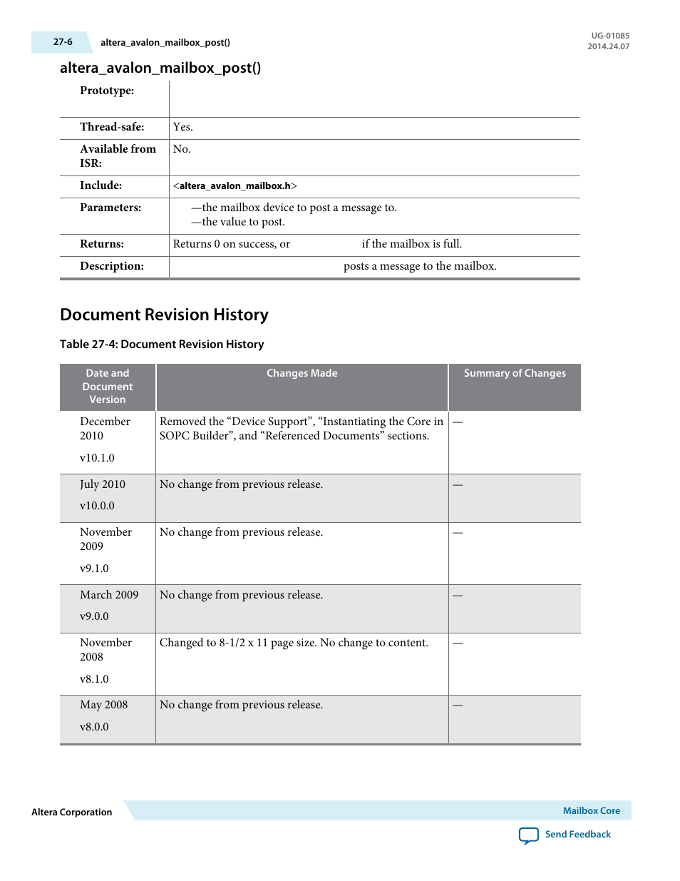 Altera_avalon_mailbox_post(), Document revision history, Altera_avalon_mailbox_post() -6 | Document revision history -6 | Altera Embedded Peripherals IP User Manual | Page 269 / 336