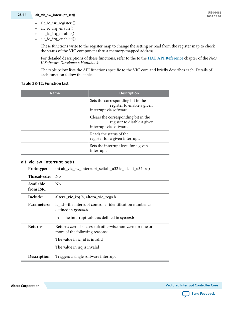 Alt_vic_sw_interrupt_set() | Altera Embedded Peripherals IP User Manual | Page 283 / 336