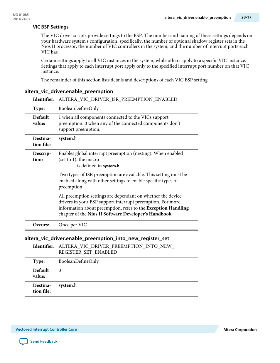 Altera_vic_driver.enable_preemption | Altera Embedded Peripherals IP User Manual | Page 286 / 336