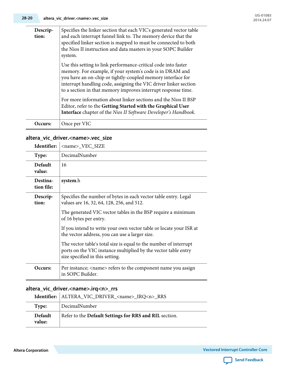 Altera_vic_driver.<name>.vec_size, Altera_vic_driver.<name>.irq<n>_rrs | Altera Embedded Peripherals IP User Manual | Page 289 / 336