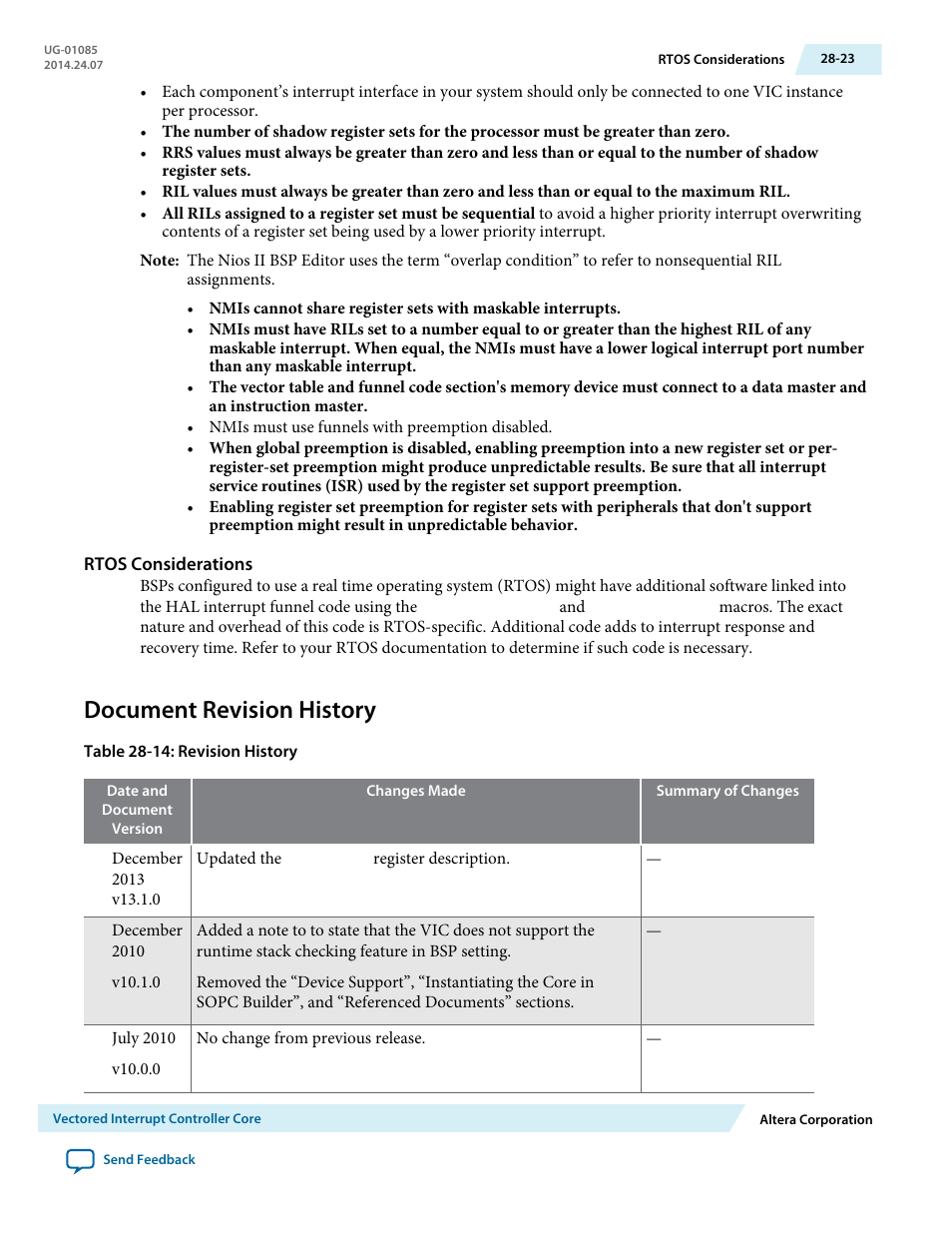 Rtos considerations, Document revision history, Document revision history -23 | Altera Embedded Peripherals IP User Manual | Page 292 / 336