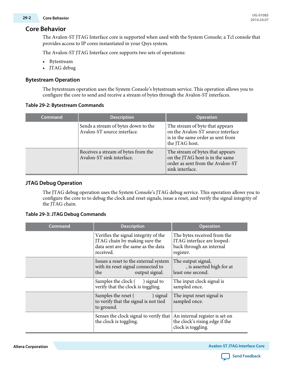 Core behavior, Bytestream operation, Jtag debug operation | Core behavior -2 | Altera Embedded Peripherals IP User Manual | Page 295 / 336