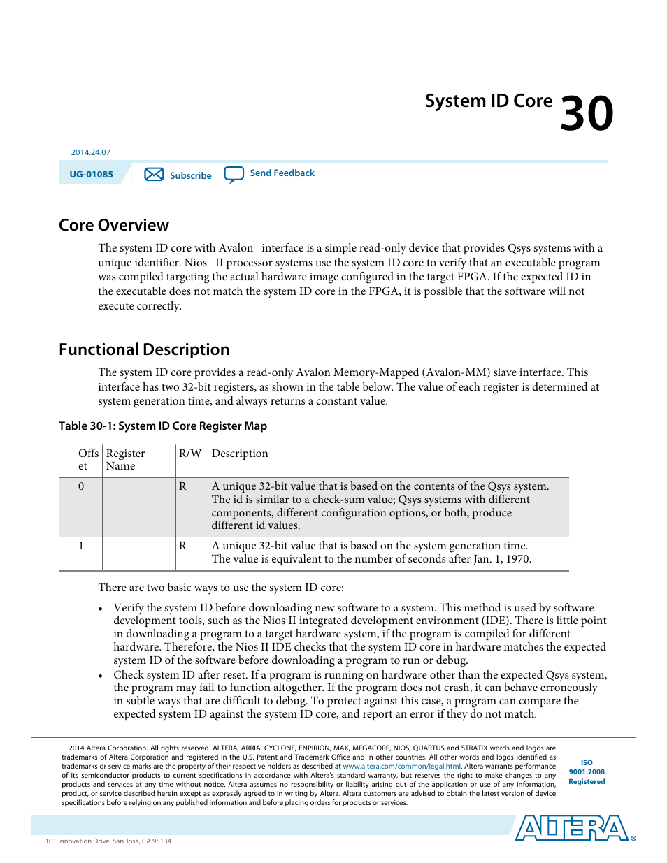 System id core, Core overview, Functional description | System id core -1, Core overview -1, Functional description -1 | Altera Embedded Peripherals IP User Manual | Page 298 / 336