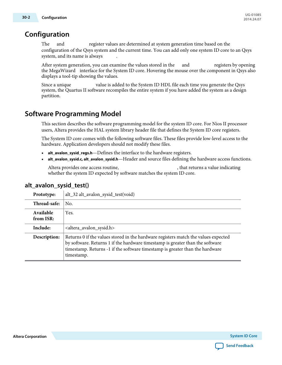Configuration, Software programming model, Alt_avalon_sysid_test() | Configuration -2, Software programming model -2, Alt_avalon_sysid_test() -2 | Altera Embedded Peripherals IP User Manual | Page 299 / 336