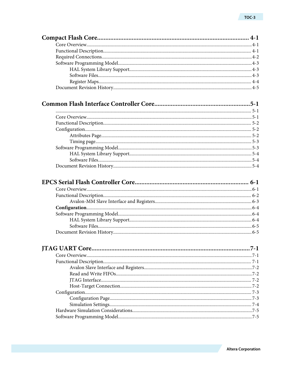 Compact flash core -1, Common flash interface controller core -1, Epcs serial flash controller core -1 | Jtag uart core -1 | Altera Embedded Peripherals IP User Manual | Page 3 / 336