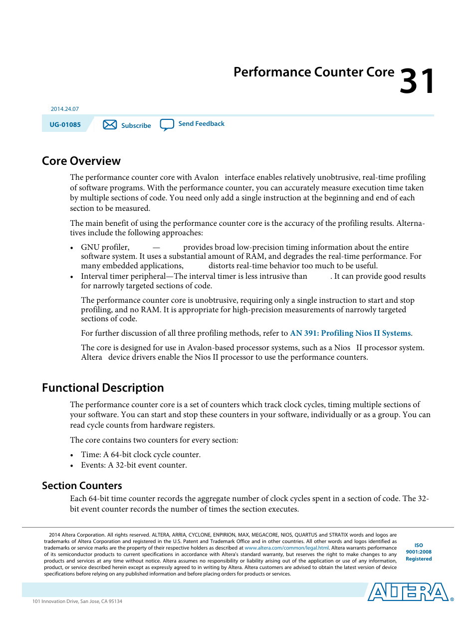 Performance counter core, Core overview, Functional description | Section counters, Performance counter core -1, Core overview -1, Functional description -1, Section counters -1 | Altera Embedded Peripherals IP User Manual | Page 301 / 336