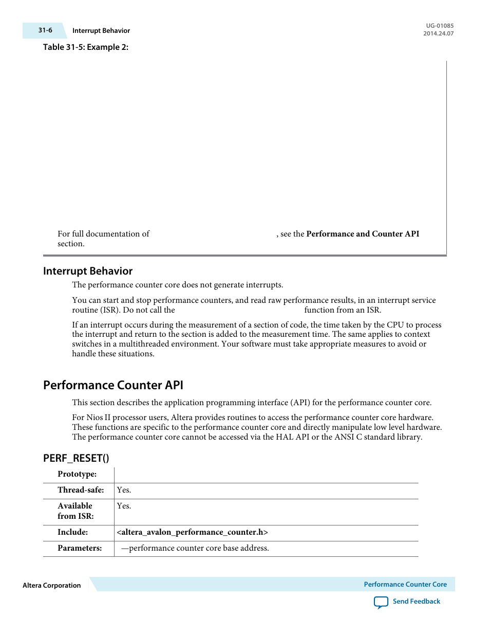 Interrupt behavior, Performance counter api, Perf_reset() | Interrupt behavior -6, Performance counter api -6, Perf_reset() -6 | Altera Embedded Peripherals IP User Manual | Page 306 / 336