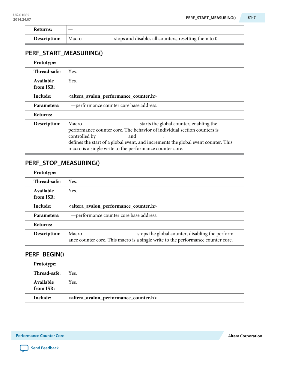 Perf_start_measuring(), Perf_stop_measuring(), Perf_begin() | Perf_start_measuring() -7, Perf_stop_measuring() -7, Perf_begin() -7 | Altera Embedded Peripherals IP User Manual | Page 307 / 336