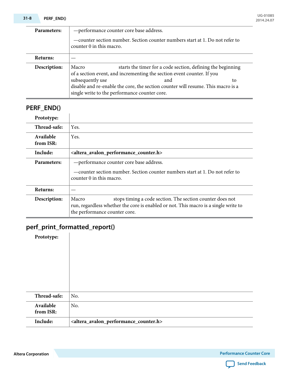 Perf_end(), Perf_print_formatted_report(), Perf_end() -8 | Perf_print_formatted_report() -8 | Altera Embedded Peripherals IP User Manual | Page 308 / 336