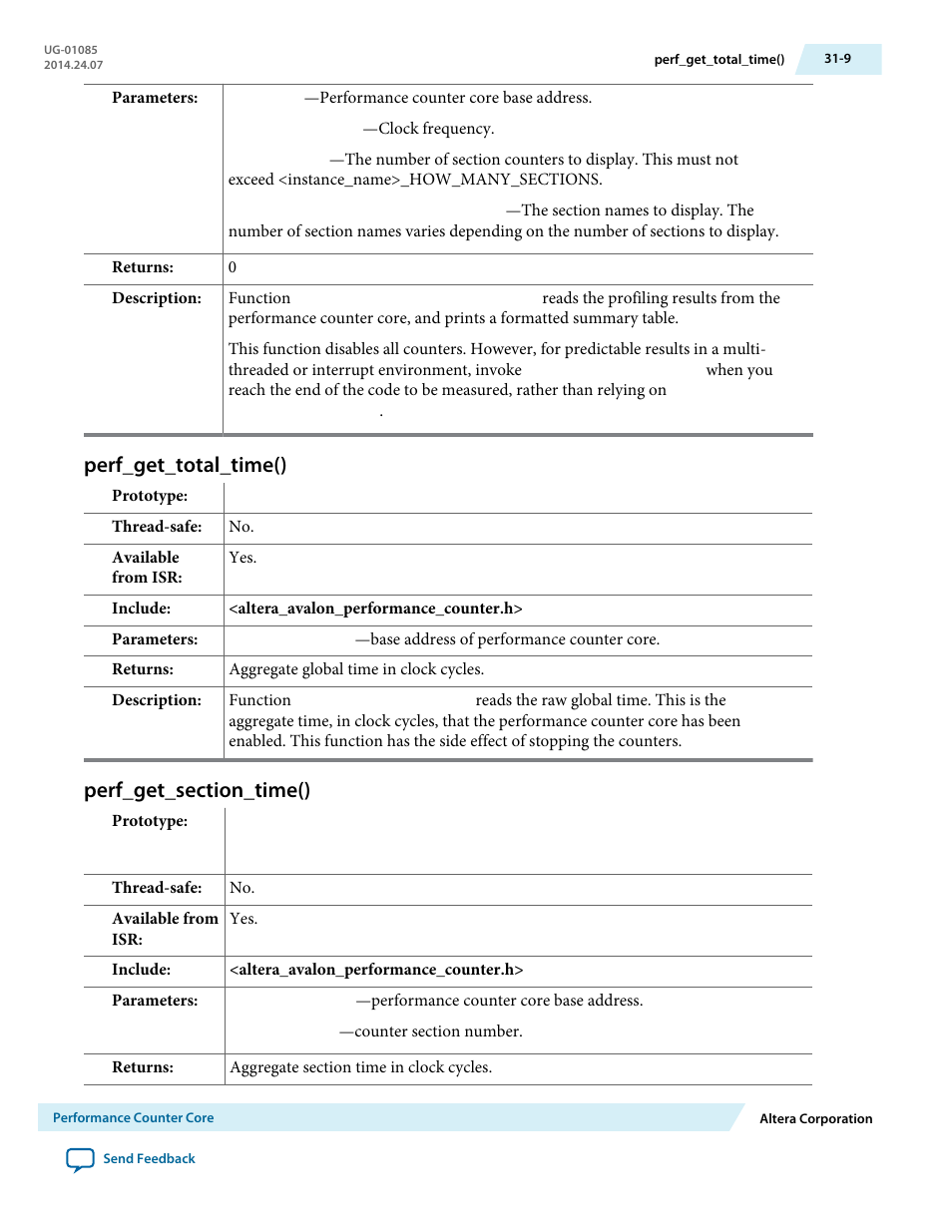 Perf_get_total_time(), Perf_get_section_time(), Perf_get_total_time() -9 | Perf_get_section_time() -9 | Altera Embedded Peripherals IP User Manual | Page 309 / 336