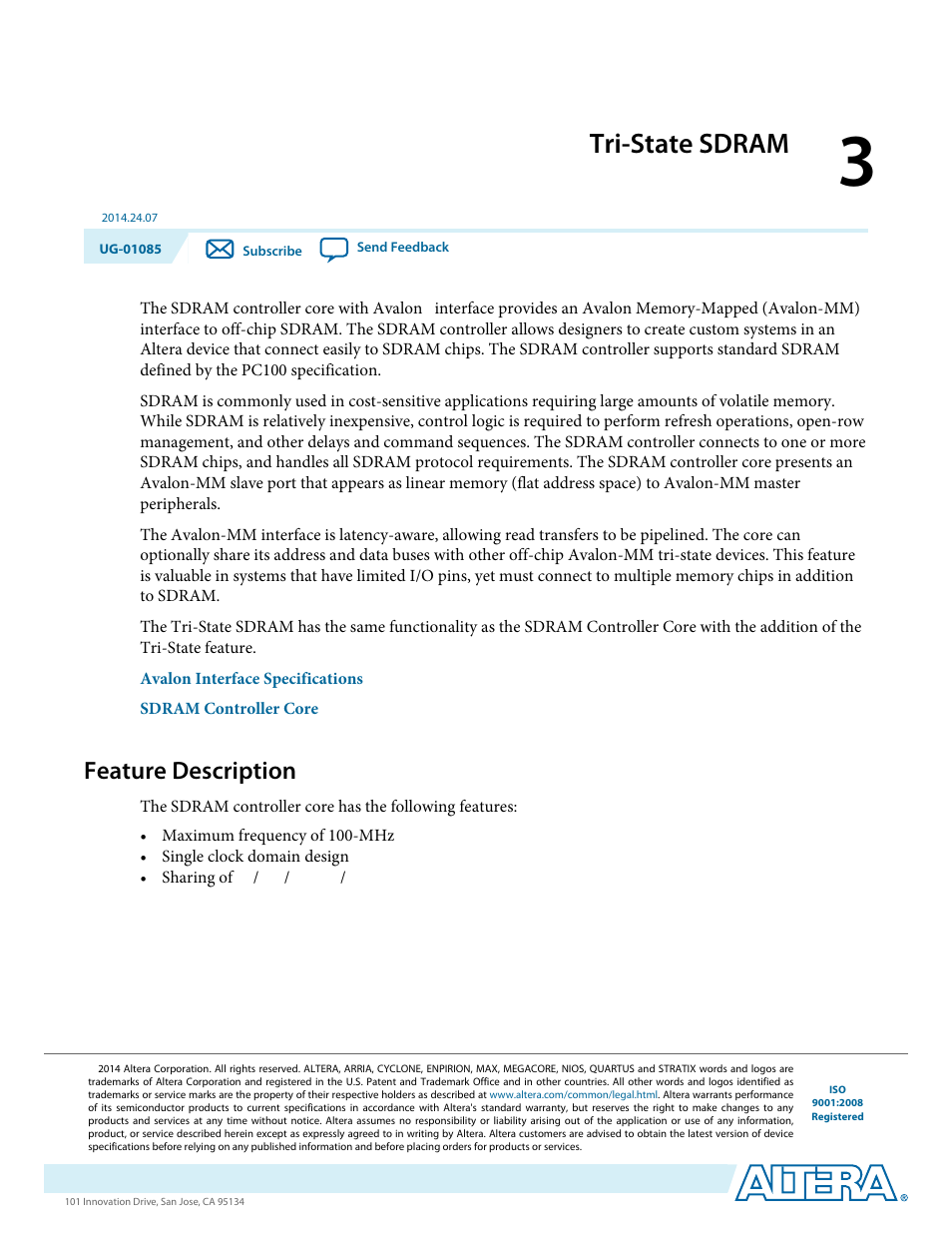 Tri-state sdram, Feature description, Tri-state sdram -1 | Feature description -1 | Altera Embedded Peripherals IP User Manual | Page 31 / 336