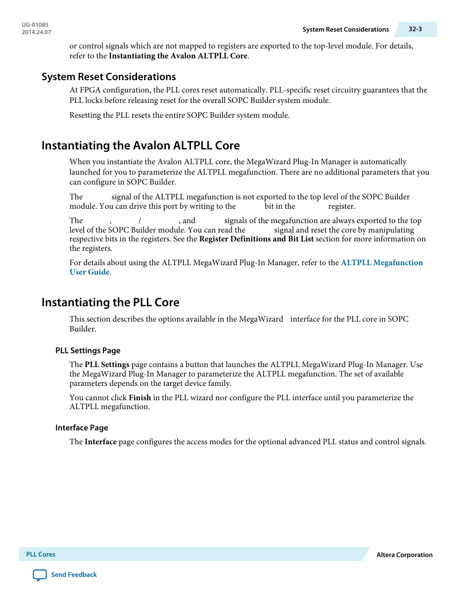System reset considerations, Instantiating the avalon altpll core, Instantiating the pll core | System reset considerations -3, Instantiating the avalon altpll core -3, Instantiating the pll core -3 | Altera Embedded Peripherals IP User Manual | Page 314 / 336