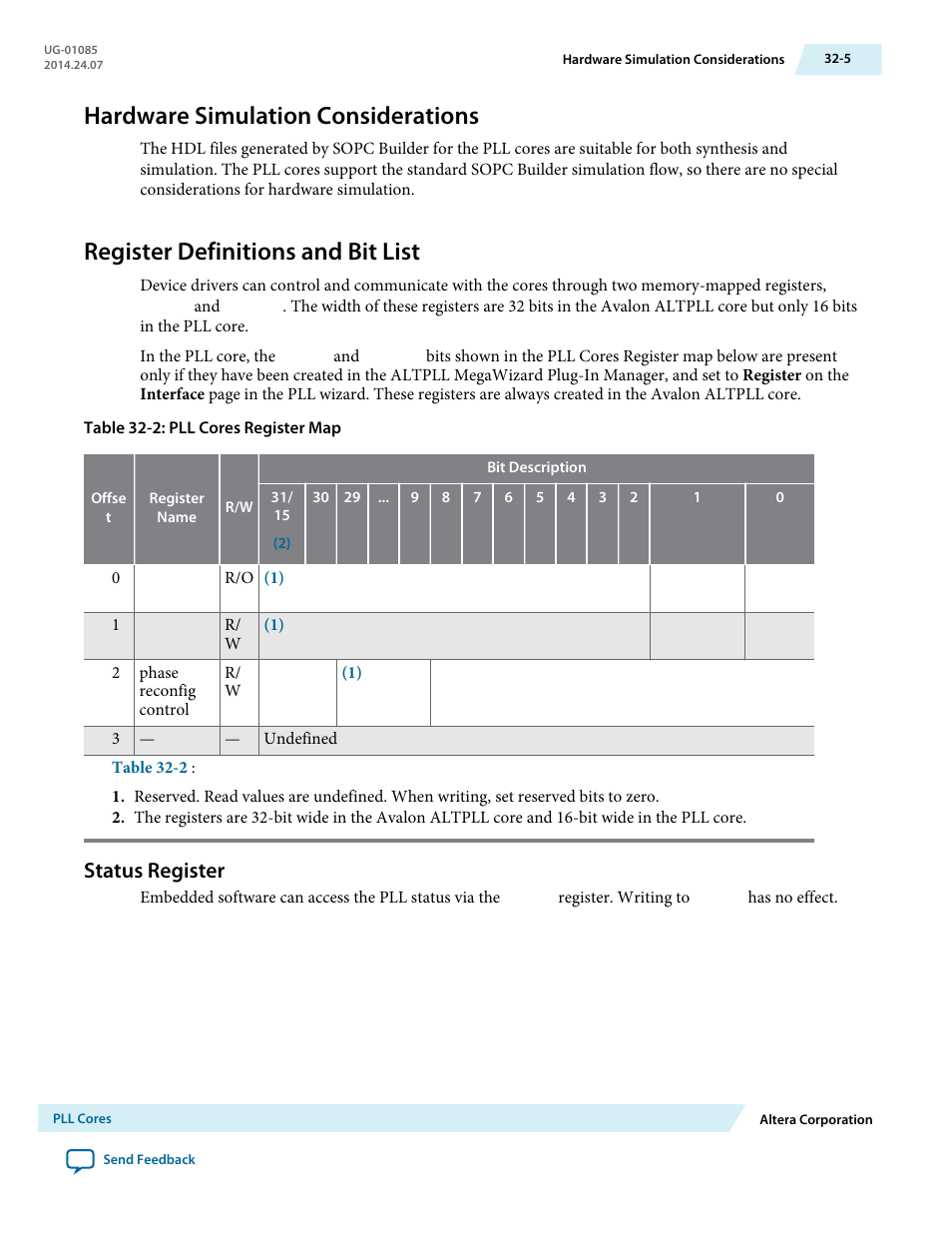 Hardware simulation considerations, Register definitions and bit list, Status register | Hardware simulation considerations -5, Register definitions and bit list -5, Status register -5 | Altera Embedded Peripherals IP User Manual | Page 316 / 336