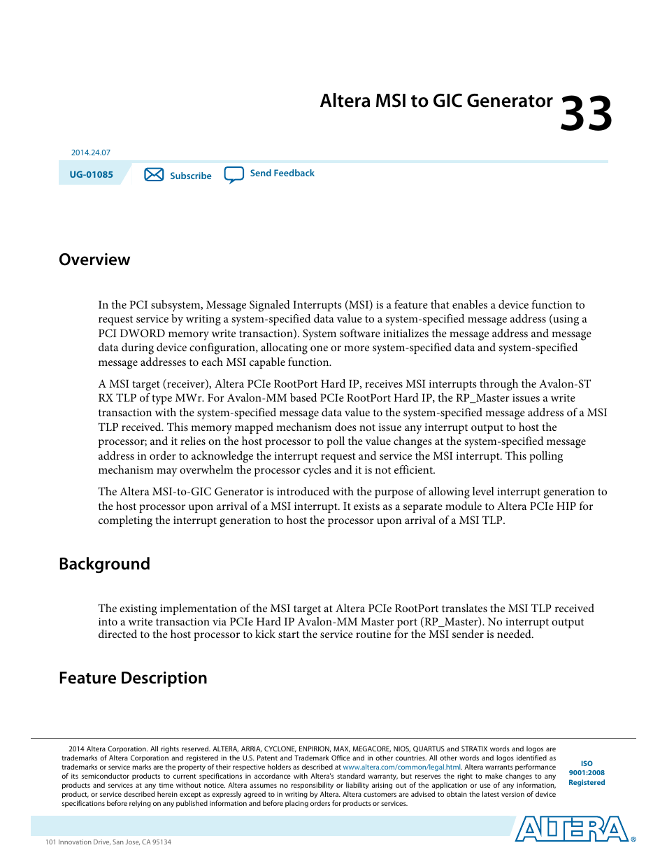 Altera msi to gic generator, Overview, Background | Feature description, Altera msi to gic generator -1, Overview -1, Background -1, Feature description -1 | Altera Embedded Peripherals IP User Manual | Page 320 / 336