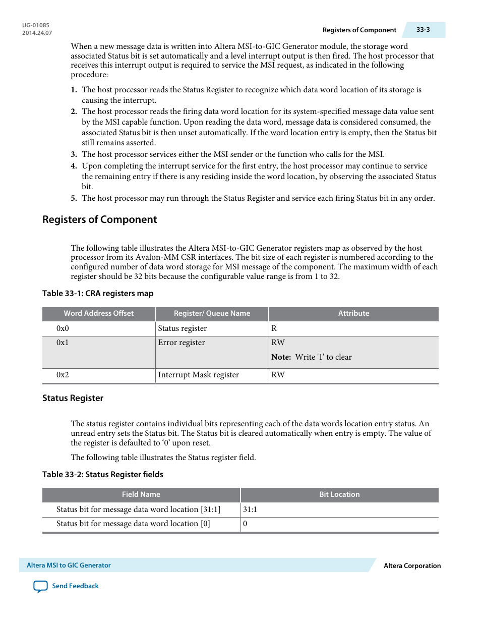 Registers of component, Status register, Registers of component -3 | Altera Embedded Peripherals IP User Manual | Page 322 / 336