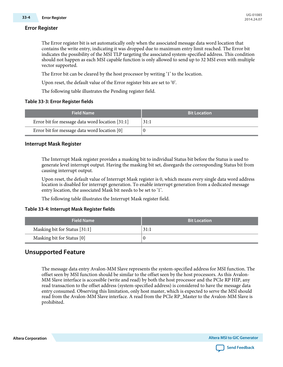 Error register, Interrupt mask register, Unsupported feature | Unsupported feature -4 | Altera Embedded Peripherals IP User Manual | Page 323 / 336