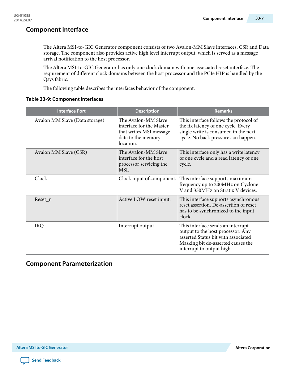 Component interface, Component parameterization, Component interface -7 | Component parameterization -7 | Altera Embedded Peripherals IP User Manual | Page 326 / 336