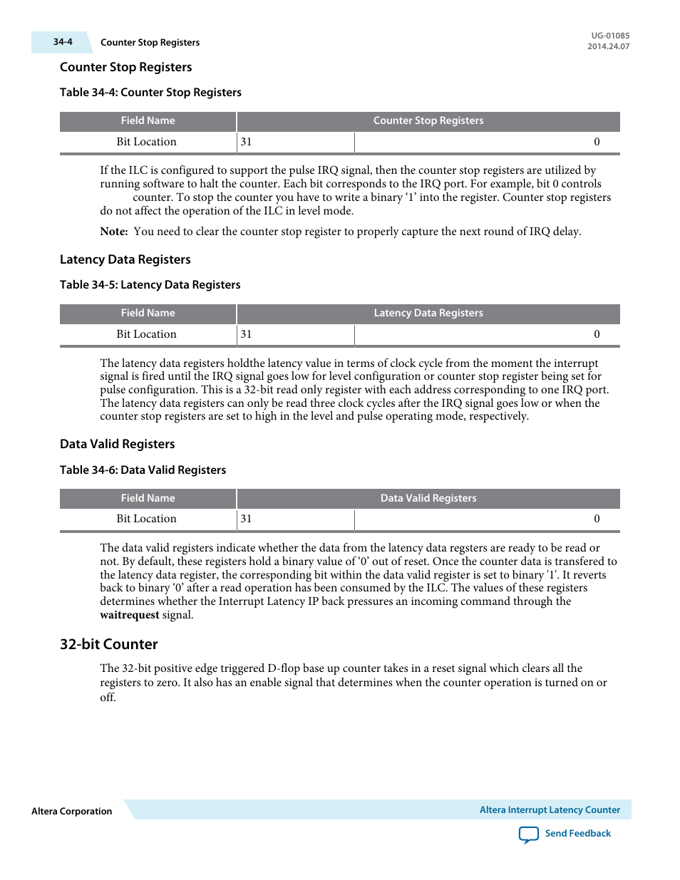 Counter stop registers, Latency data registers, Data valid registers | Bit counter, Bit counter -4 | Altera Embedded Peripherals IP User Manual | Page 332 / 336