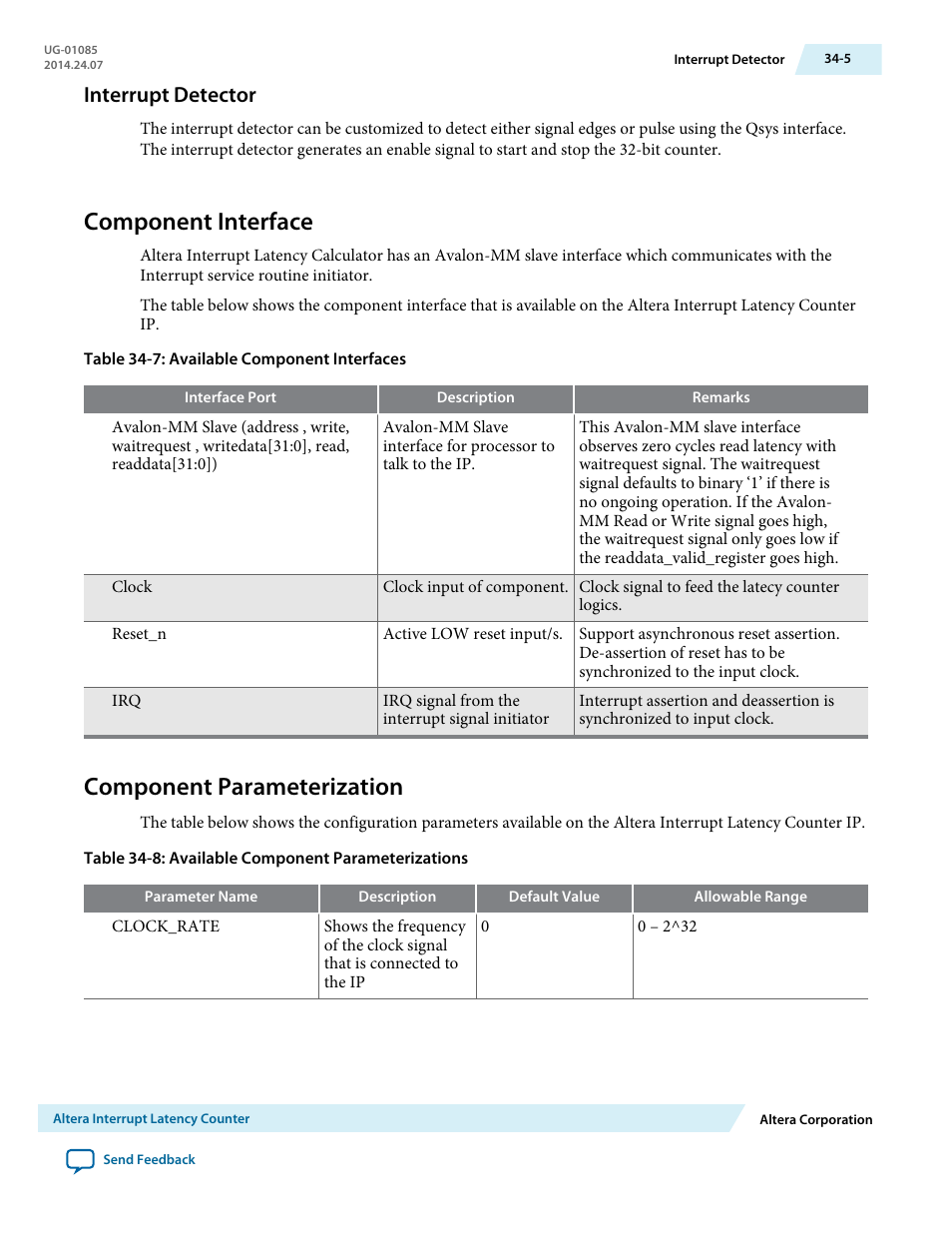 Interrupt detector, Component interface, Component parameterization | Interrupt detector -5, Component interface -5, Component parameterization -5 | Altera Embedded Peripherals IP User Manual | Page 333 / 336