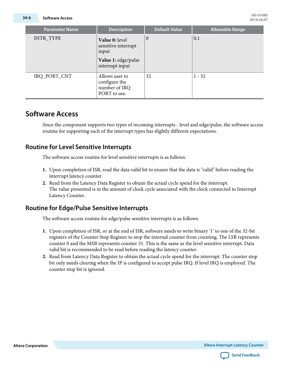 Software access, Routine for level sensitive interrupts, Routine for edge/pulse sensitive interrupts | Software access -6, Routine for level sensitive interrupts -6, Routine for edge/pulse sensitive interrupts -6 | Altera Embedded Peripherals IP User Manual | Page 334 / 336