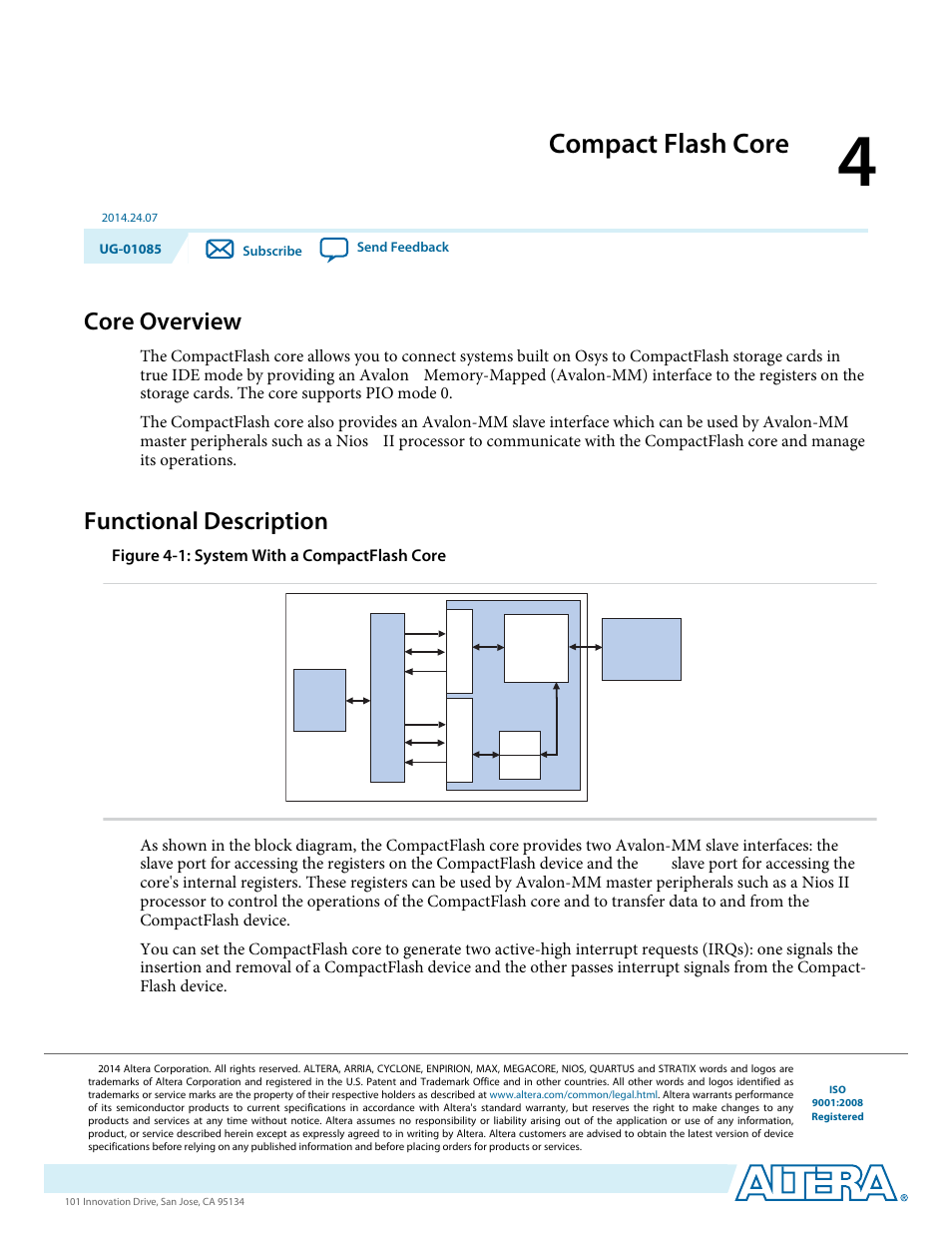 Compact flash core, Core overview, Functional description | Compact flash core -1, Core overview -1, Functional description -1, Figure 4-1: system with a compactflash core | Altera Embedded Peripherals IP User Manual | Page 41 / 336