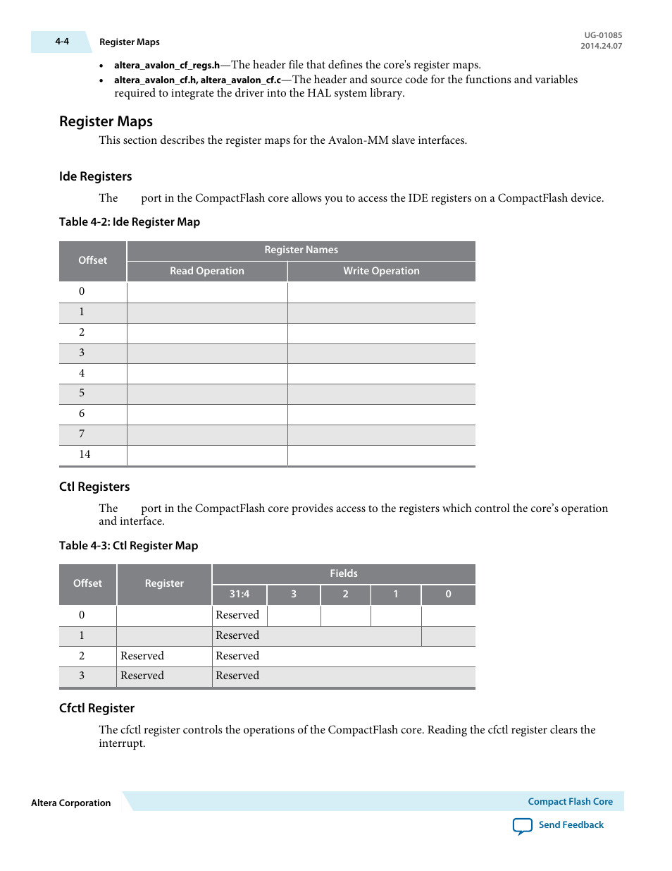 Register maps, Ide registers, Ctl registers | Cfctl register, Register maps -4 | Altera Embedded Peripherals IP User Manual | Page 44 / 336