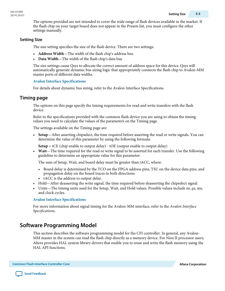 Setting size, Software programming model, Software programming model -3 | Timing page | Altera Embedded Peripherals IP User Manual | Page 49 / 336