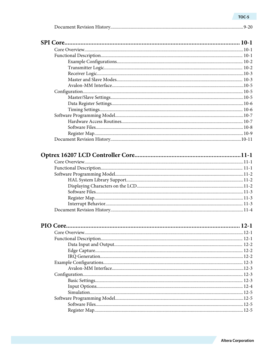 Spi core -1, Pio core -1 | Altera Embedded Peripherals IP User Manual | Page 5 / 336