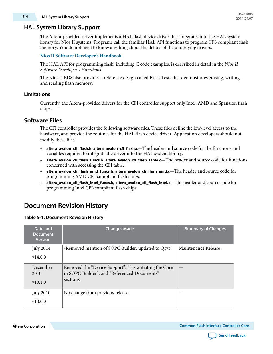 Hal system library support, Limitations, Software files | Document revision history, Hal system library support -4, Software files -4, Document revision history -4 | Altera Embedded Peripherals IP User Manual | Page 50 / 336
