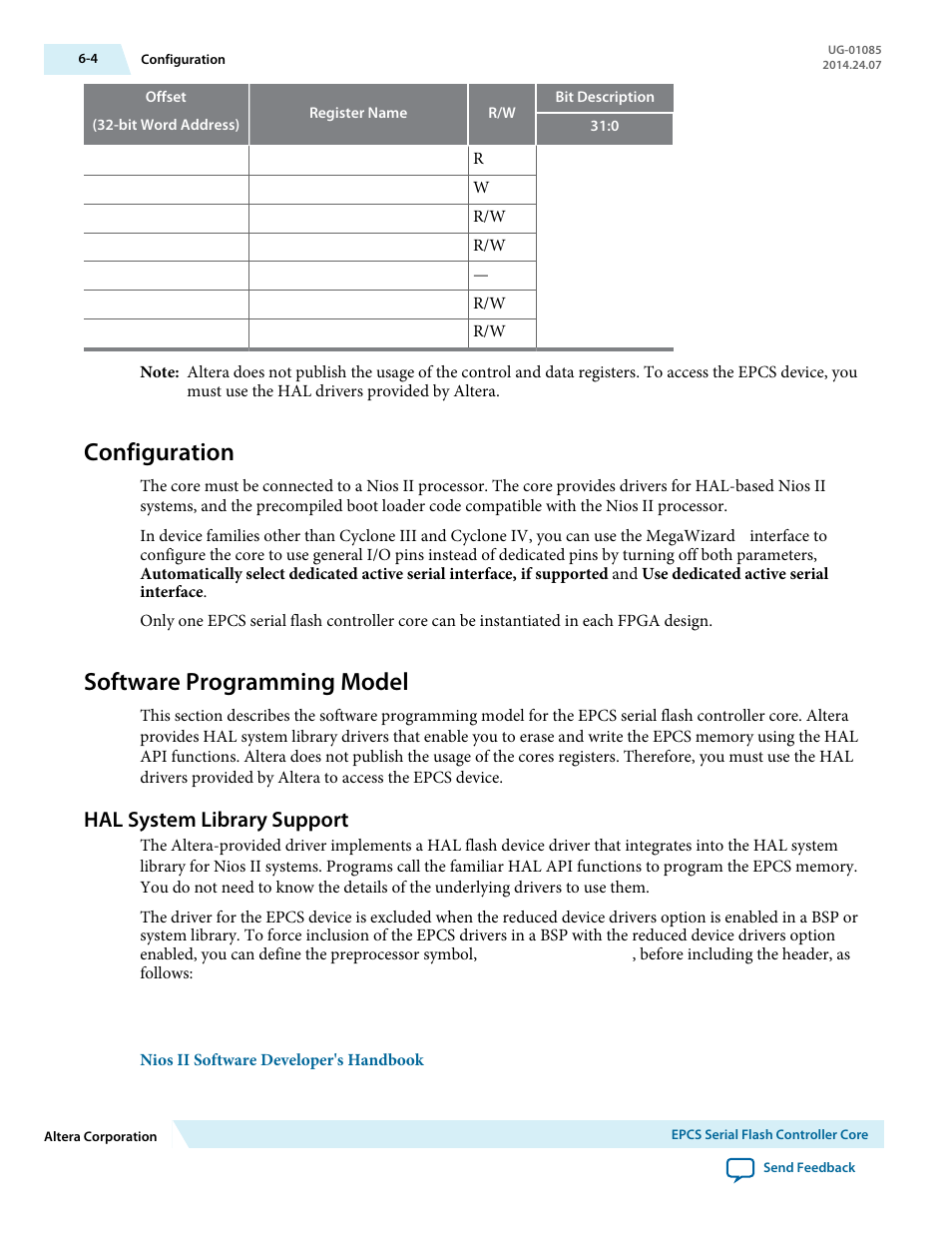 Configuration, Software programming model, Hal system library support | Configuration -4, Software programming model -4, Hal system library support -4 | Altera Embedded Peripherals IP User Manual | Page 55 / 336
