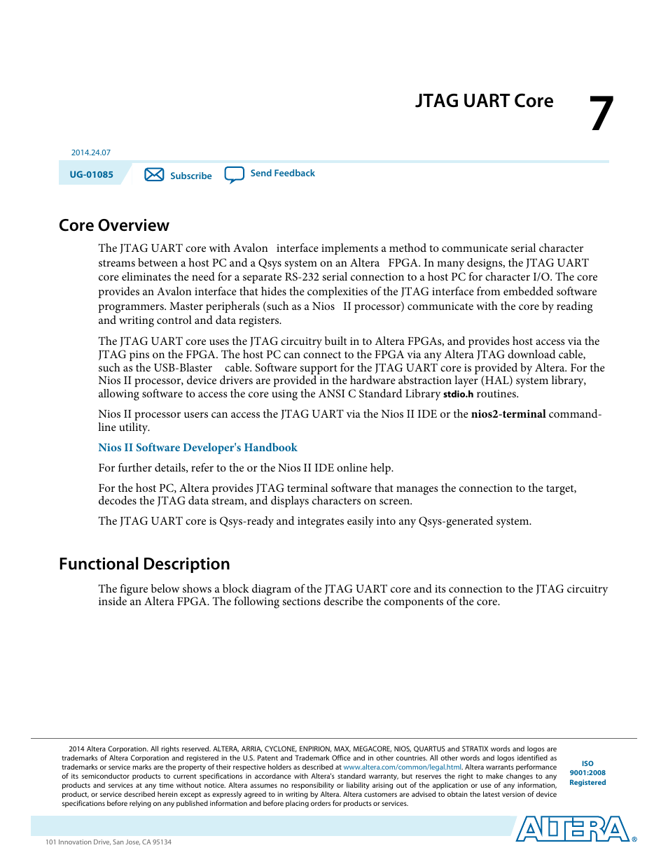 Jtag uart core, Core overview, Functional description | Jtag uart core -1, Core overview -1, Functional description -1 | Altera Embedded Peripherals IP User Manual | Page 58 / 336