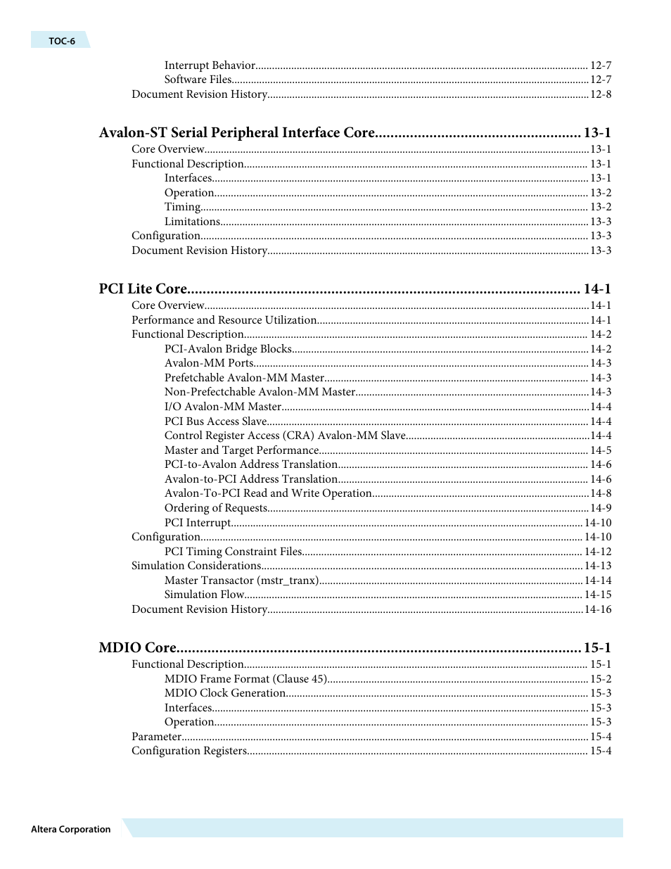 Avalon-st serial peripheral interface core -1, Pci lite core -1, Mdio core -1 | Altera Embedded Peripherals IP User Manual | Page 6 / 336