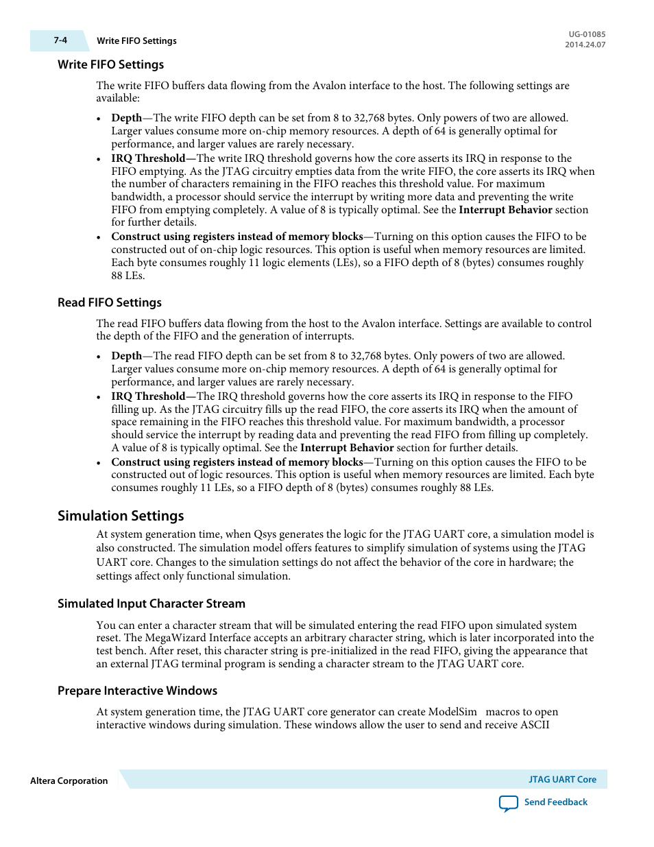Write fifo settings, Read fifo settings, Simulation settings | Simulated input character stream, Prepare interactive windows, Simulation settings -4 | Altera Embedded Peripherals IP User Manual | Page 61 / 336