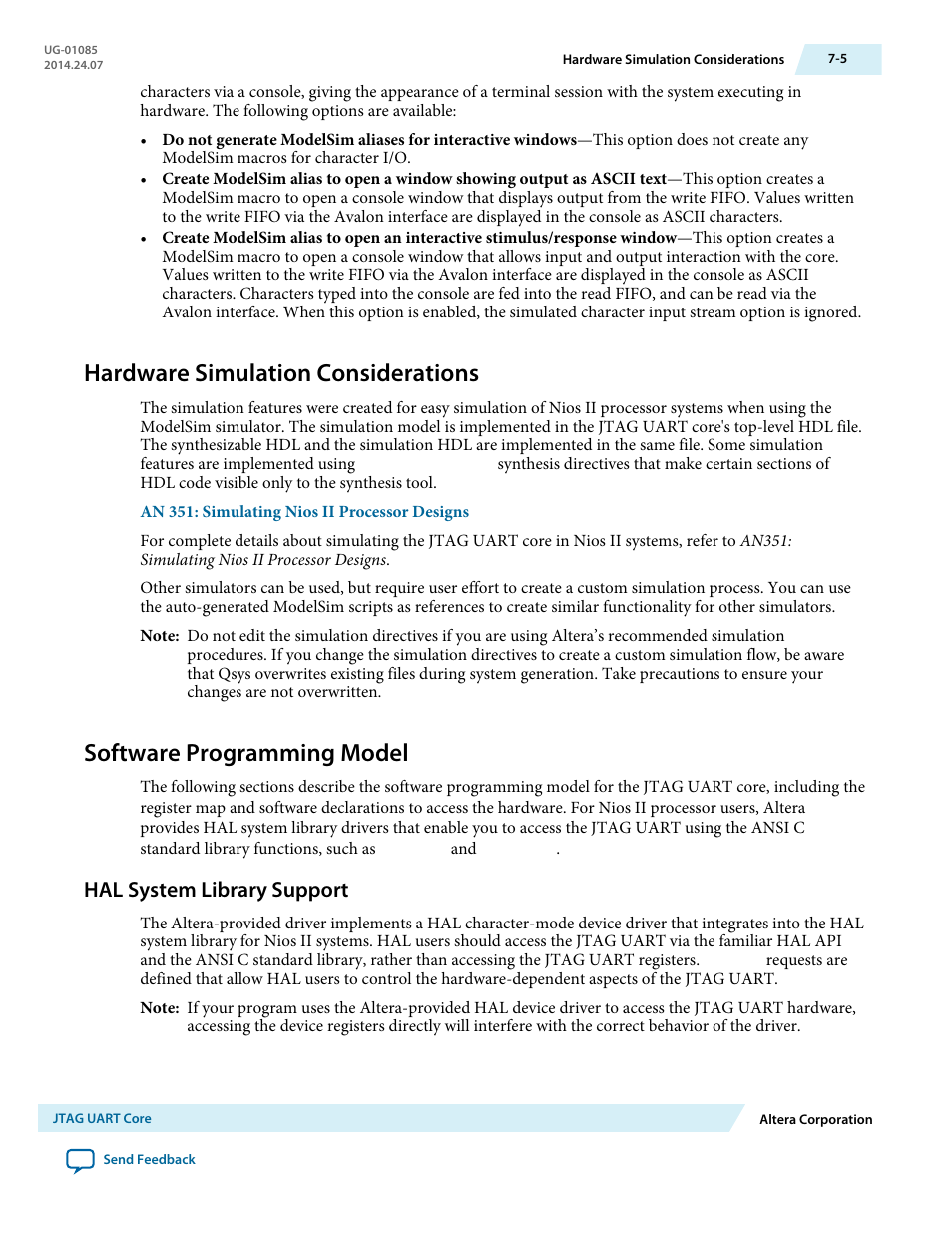 Hardware simulation considerations, Software programming model, Hal system library support | Hardware simulation considerations -5, Software programming model -5, Hal system library support -5 | Altera Embedded Peripherals IP User Manual | Page 62 / 336