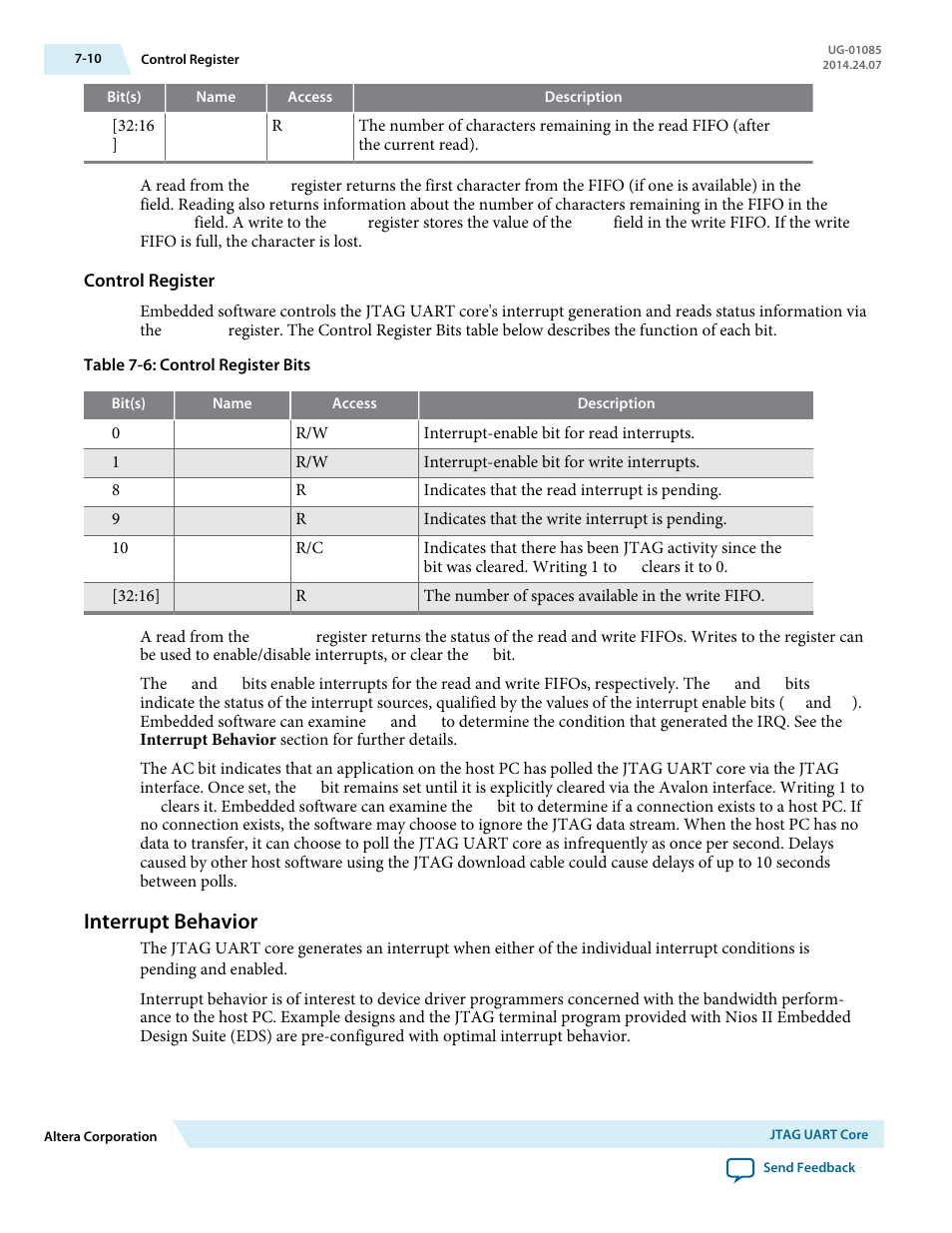 Control register, Interrupt behavior, Interrupt behavior -10 | Altera Embedded Peripherals IP User Manual | Page 67 / 336