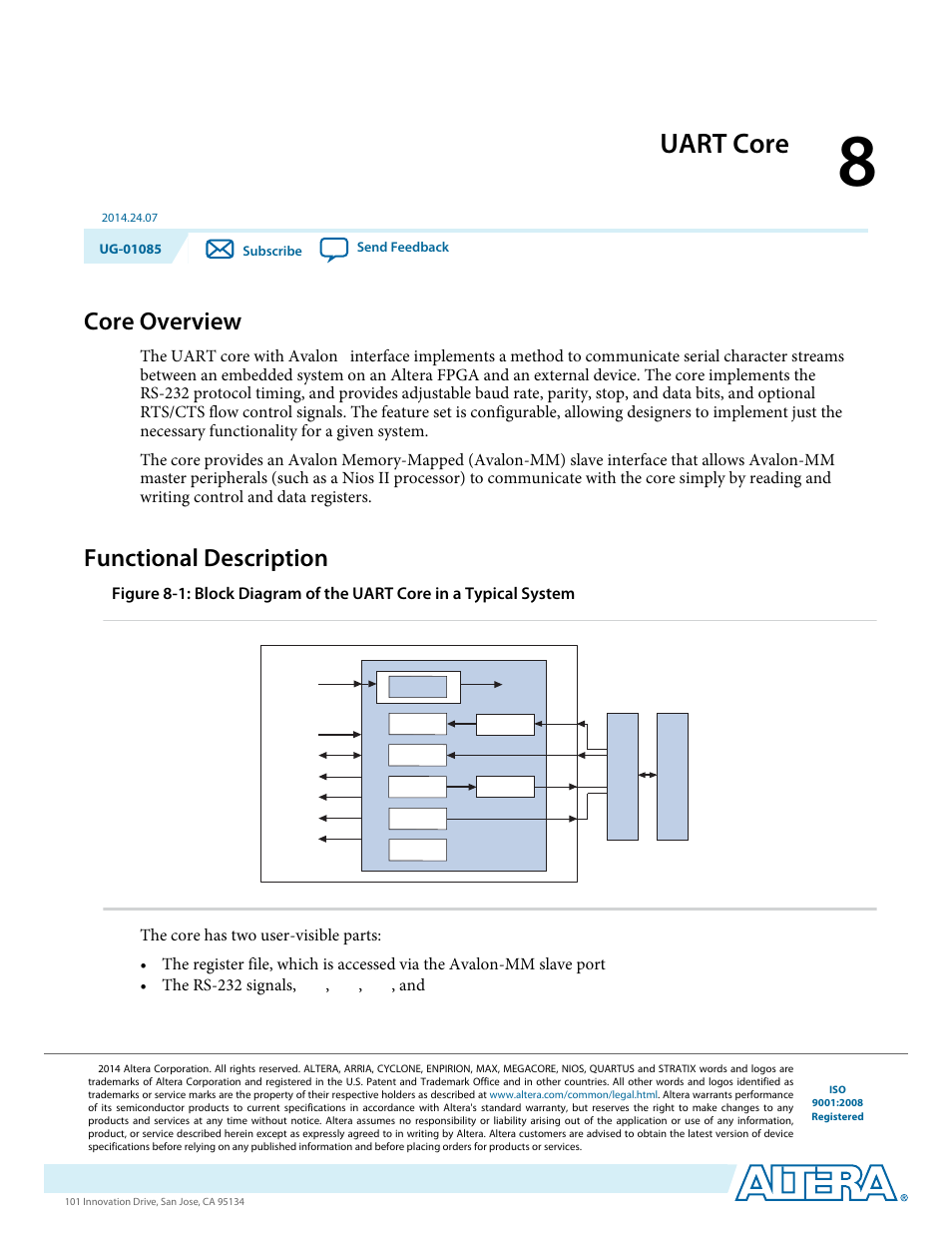 Uart core, Core overview, Functional description | Uart core -1, Core overview -1, Functional description -1, The uart core with avalon | Altera Embedded Peripherals IP User Manual | Page 70 / 336