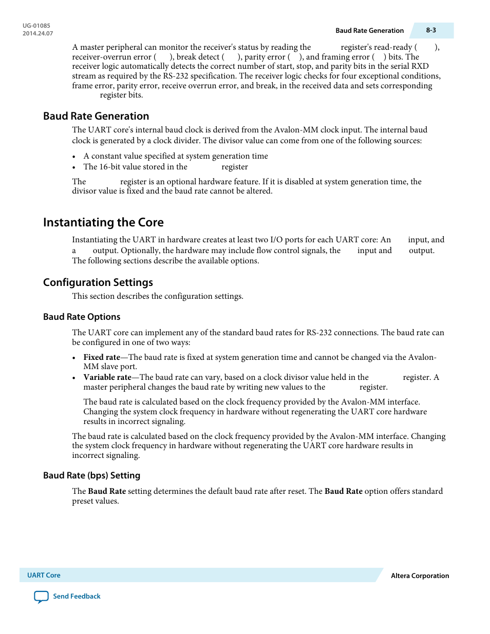 Baud rate generation, Instantiating the core, Configuration settings | Baud rate options, Baud rate (bps) setting, Baud rate generation -3, Instantiating the core -3, Configuration settings -3 | Altera Embedded Peripherals IP User Manual | Page 72 / 336