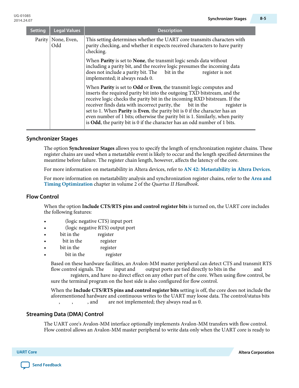 Synchronizer stages, Flow control, Streaming data (dma) control | Altera Embedded Peripherals IP User Manual | Page 74 / 336