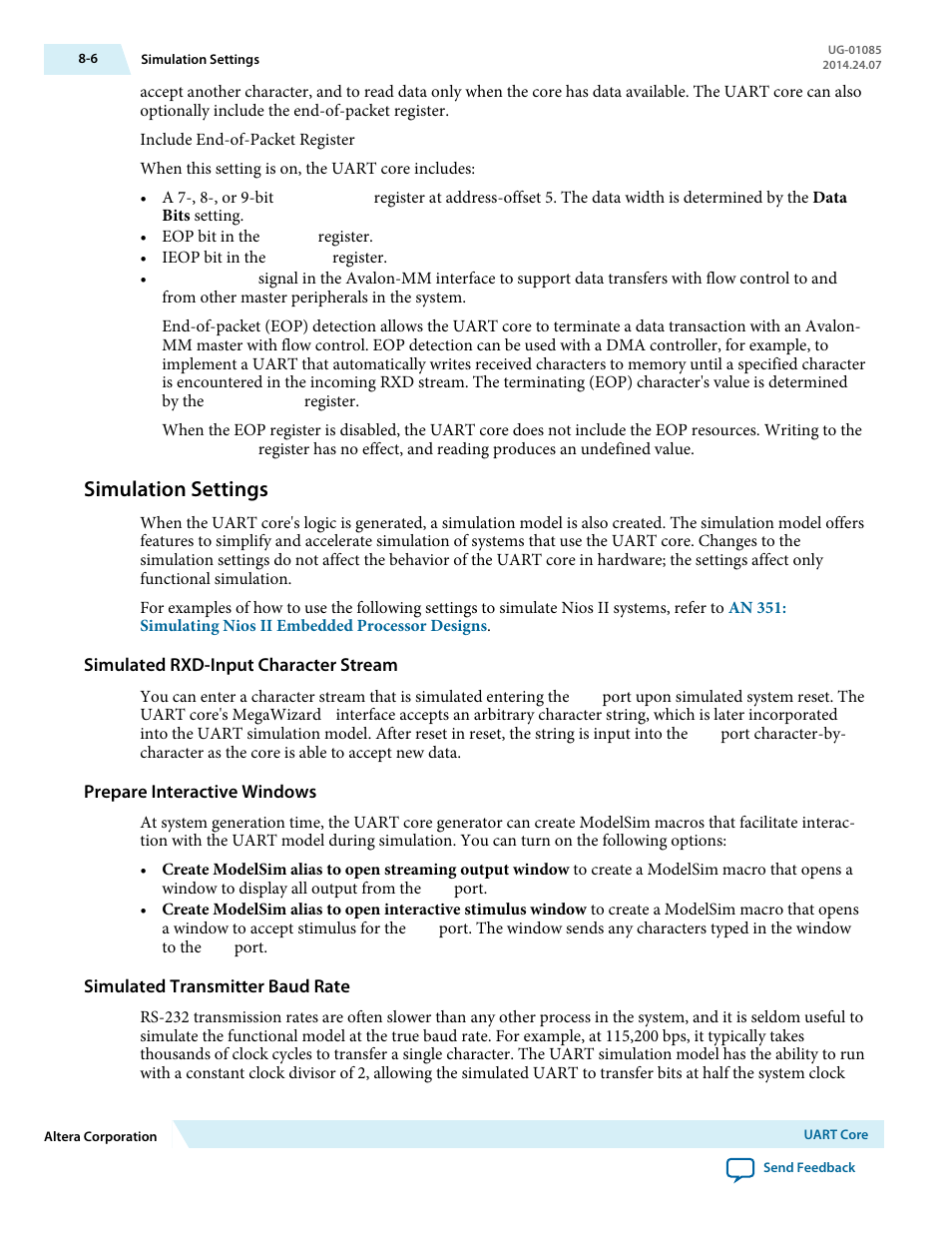 Simulation settings, Simulated rxd-input character stream, Prepare interactive windows | Simulated transmitter baud rate, Simulation settings -6 | Altera Embedded Peripherals IP User Manual | Page 75 / 336